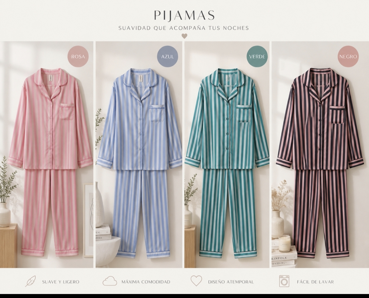 Pijama camisero de rayas para mujer en colores rosa, azul, verde y marrón