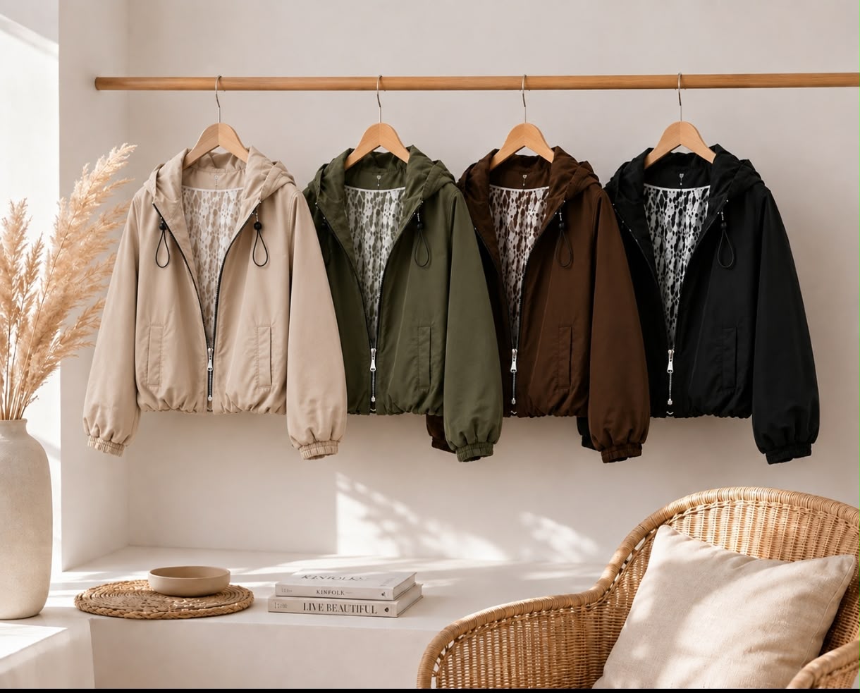Cazadoras ligeras con capucha en beige, verde caqui, marrón y negro
