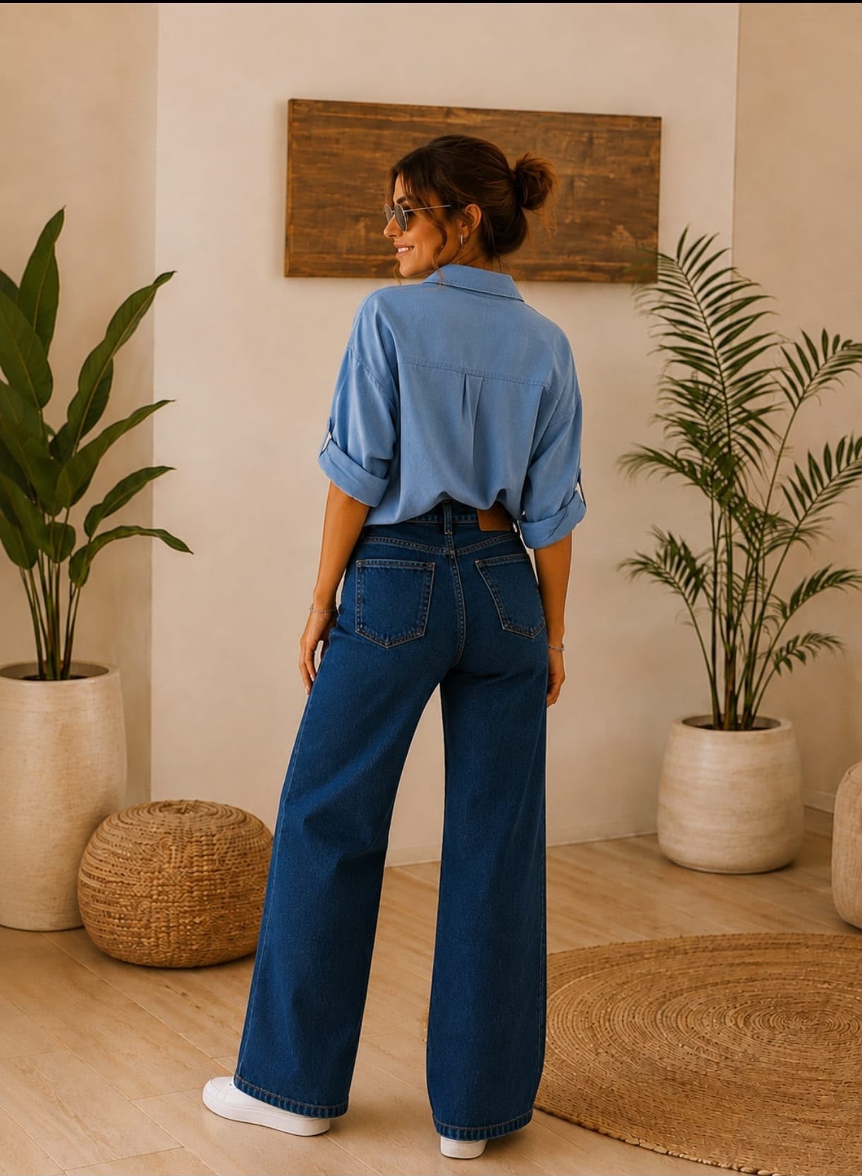 Pantalón vaquero para mujer en color azul oscuro, con tiro alto, pierna ancha y diseño clásico de cinco bolsillos.