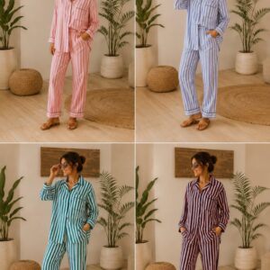 Pijama camisero de rayas para mujer en colores rosa, azul, verde y marrón
