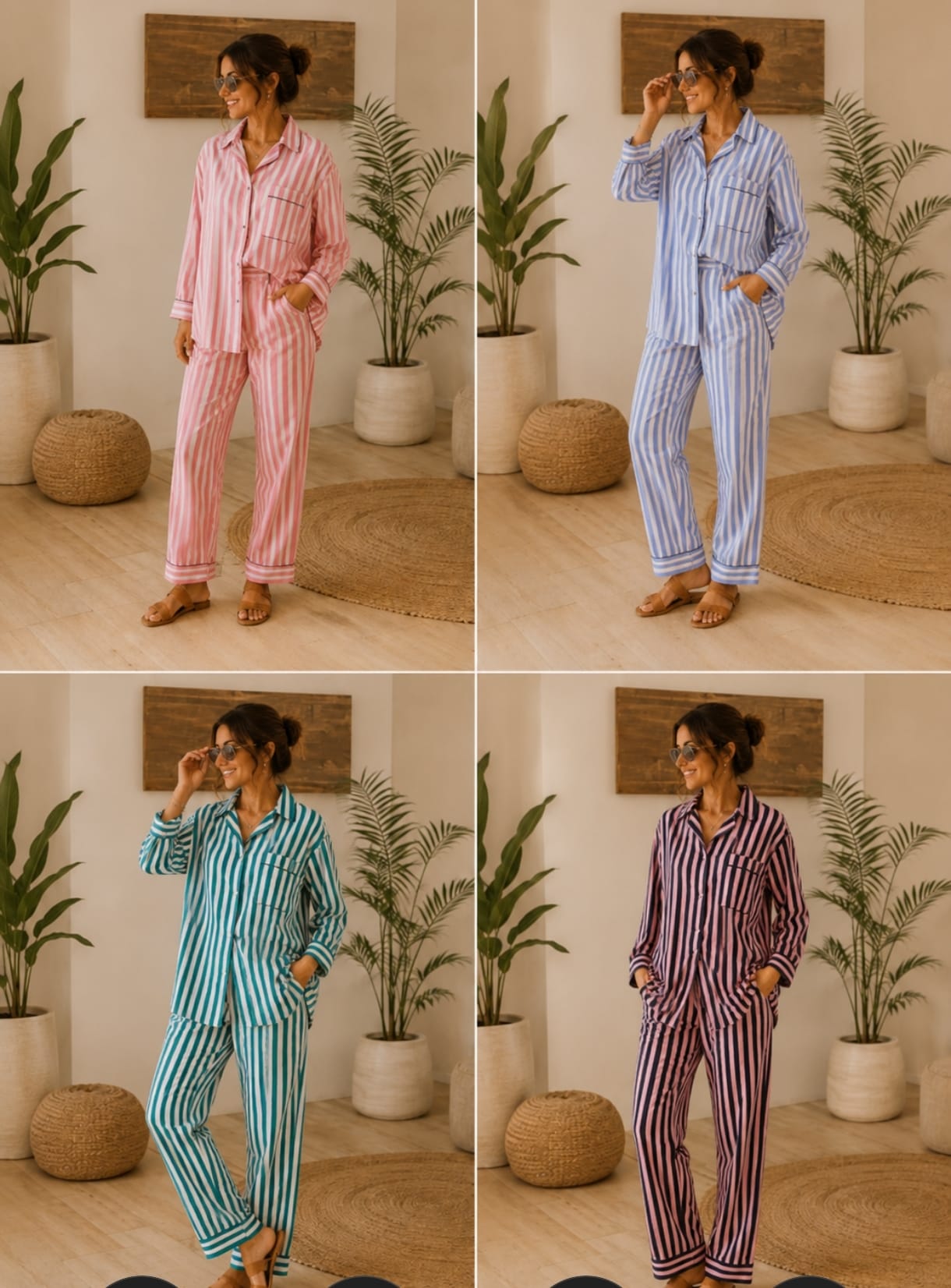 Pijama camisero de rayas para mujer en colores rosa, azul, verde y marrón